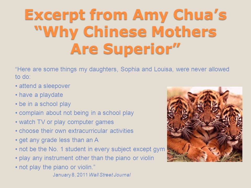 why chinese mothers are superior 5 essay ”why chinese mothers are superior” in our essay, we have looked at the differences between usa and chine in how the two cultures raise their children. why chinese mothers are superior 5 essay ”why chinese mothers are superior” in our essay, we have looked at the differences between usa and chine in how the two cultures raise their children.