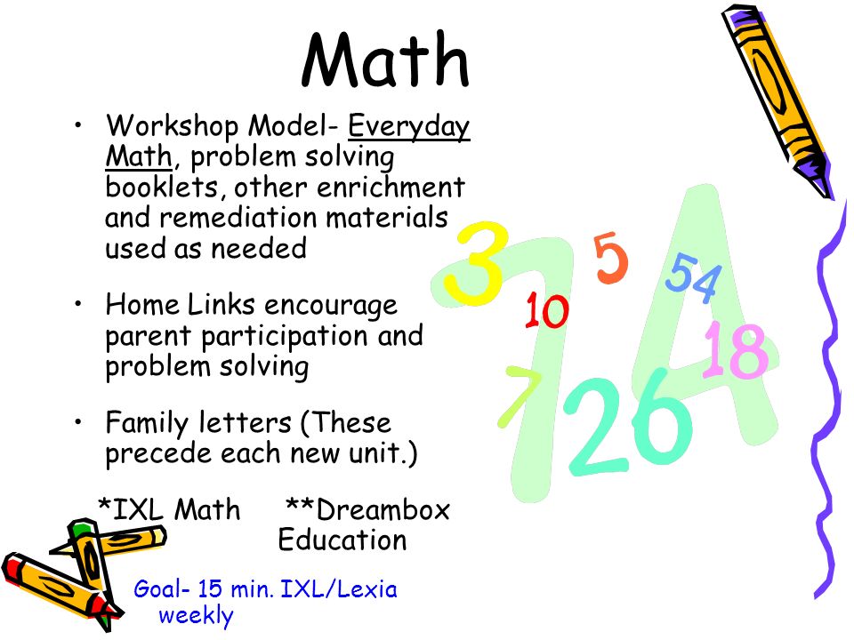 Math Workshop Model- Everyday Math, problem solving booklets, other enrichment and remediation materials used as needed Home Links encourage parent participation and problem solving Family letters (These precede each new unit.) *IXL Math **Dreambox Education Goal- 15 min.