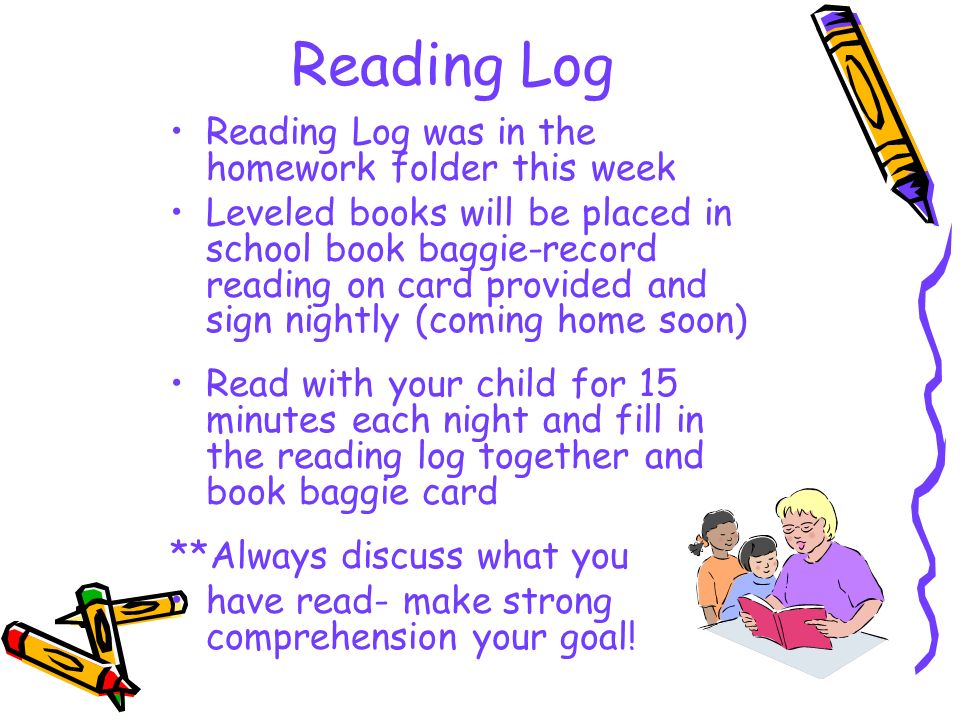 Reading Log Reading Log was in the homework folder this week Leveled books will be placed in school book baggie-record reading on card provided and sign nightly (coming home soon) Read with your child for 15 minutes each night and fill in the reading log together and book baggie card **Always discuss what you have read- make strong comprehension your goal!