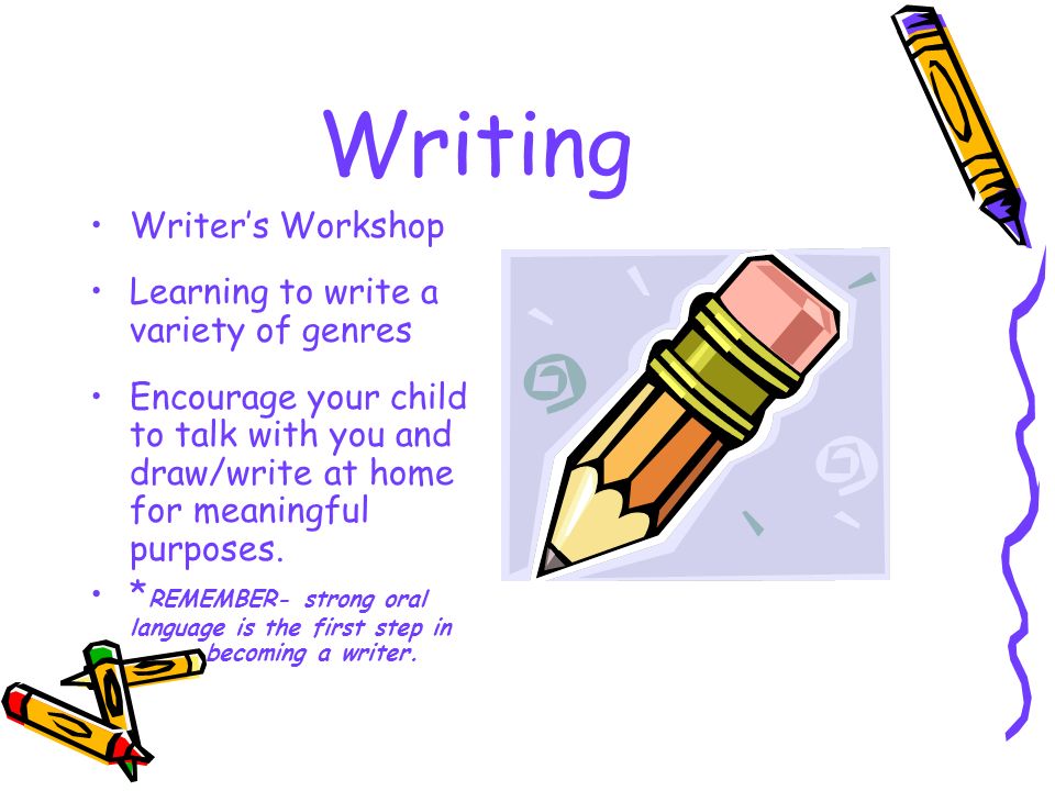 Writing Writer’s Workshop Learning to write a variety of genres Encourage your child to talk with you and draw/write at home for meaningful purposes.