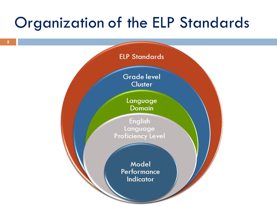 ELP Standards Grade level Cluster Language Domain English Language Proficiency Level Model Performance Indicator Organization of the ELP Standards 5