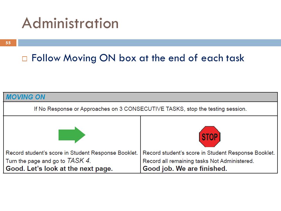 Administration  Follow Moving ON box at the end of each task 55