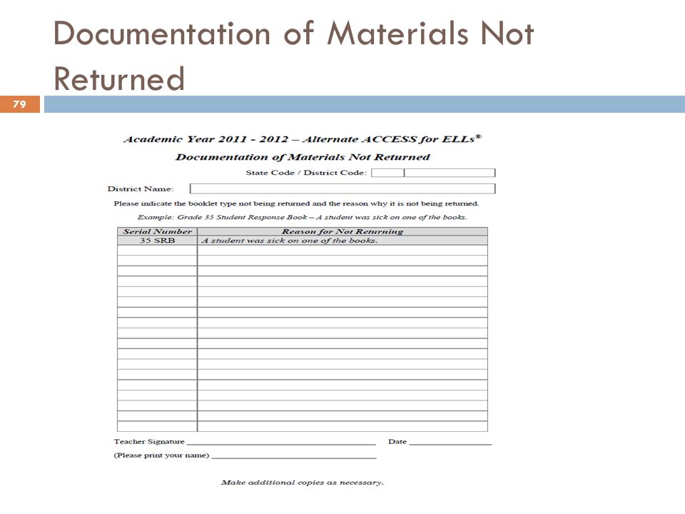 Documentation of Materials Not Returned 79