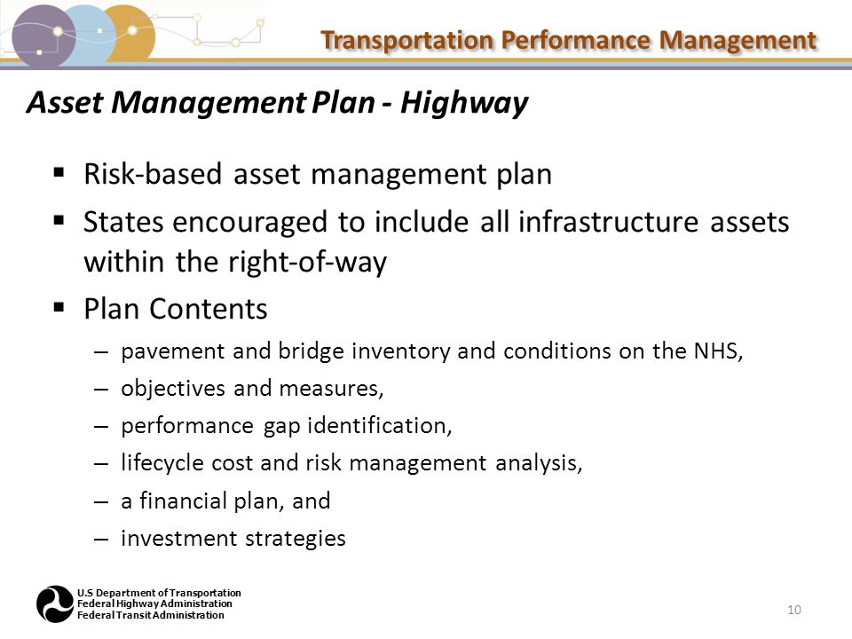 Transportation Performance Management U.S Department of Transportation Federal Highway Administration Federal Transit Administration Asset Management Plan - Highway  Risk‐based asset management plan  States encouraged to include all infrastructure assets within the right‐of‐way  Plan Contents – pavement and bridge inventory and conditions on the NHS, – objectives and measures, – performance gap identification, – lifecycle cost and risk management analysis, – a financial plan, and – investment strategies 10