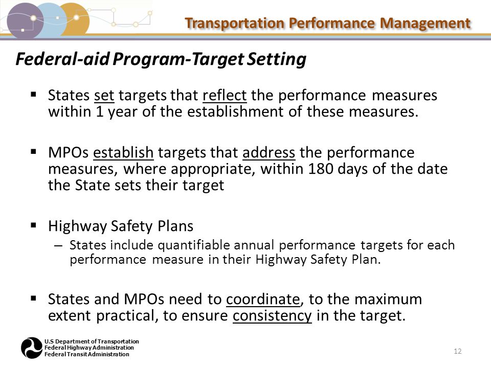 Transportation Performance Management U.S Department of Transportation Federal Highway Administration Federal Transit Administration Federal-aid Program-Target Setting  States set targets that reflect the performance measures within 1 year of the establishment of these measures.