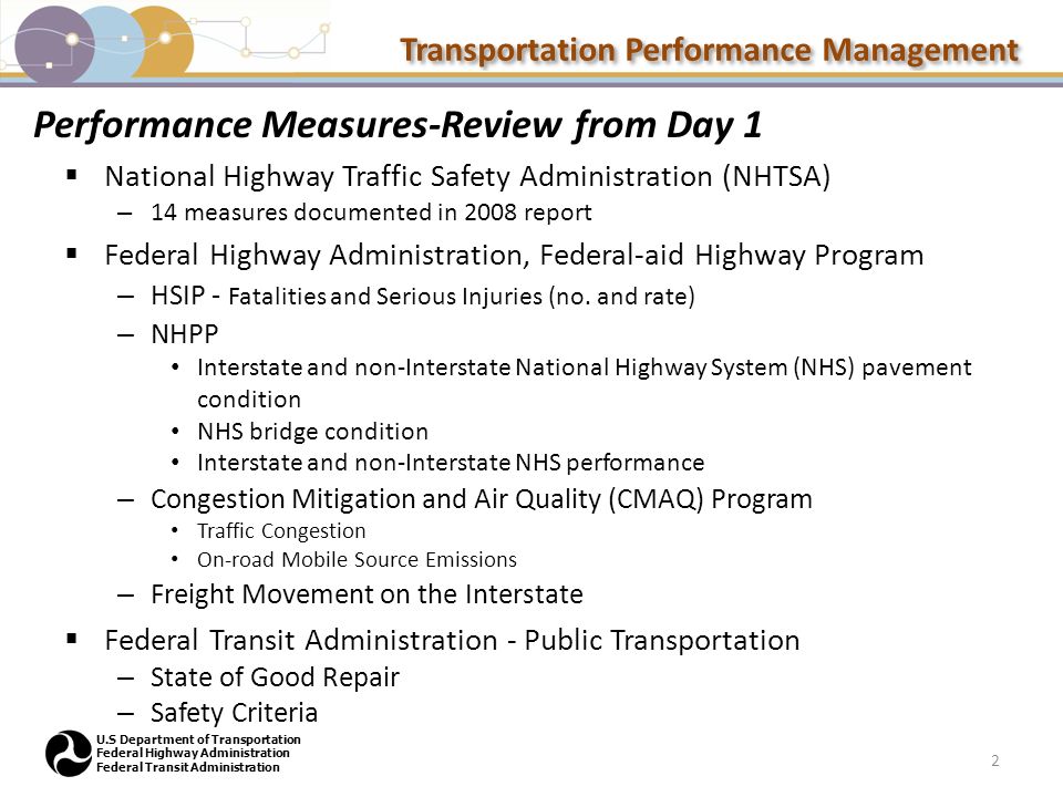 Transportation Performance Management U.S Department of Transportation Federal Highway Administration Federal Transit Administration Performance Measures-Review from Day 1  National Highway Traffic Safety Administration (NHTSA) – 14 measures documented in 2008 report  Federal Highway Administration, Federal-aid Highway Program – HSIP - Fatalities and Serious Injuries (no.