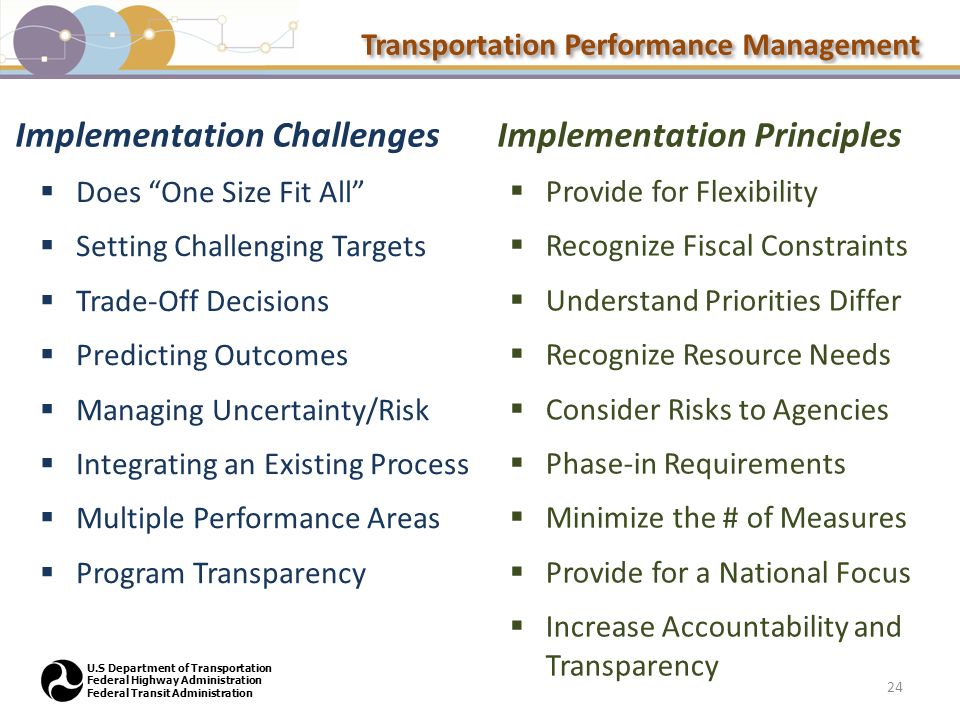 Transportation Performance Management U.S Department of Transportation Federal Highway Administration Federal Transit Administration Implementation Challenges  Does One Size Fit All  Setting Challenging Targets  Trade-Off Decisions  Predicting Outcomes  Managing Uncertainty/Risk  Integrating an Existing Process  Multiple Performance Areas  Program Transparency  Provide for Flexibility  Recognize Fiscal Constraints  Understand Priorities Differ  Recognize Resource Needs  Consider Risks to Agencies  Phase-in Requirements  Minimize the # of Measures  Provide for a National Focus  Increase Accountability and Transparency Implementation Principles 24