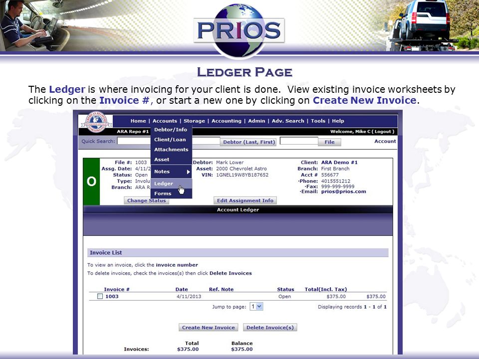 Ledger Page The Ledger is where invoicing for your client is done.
