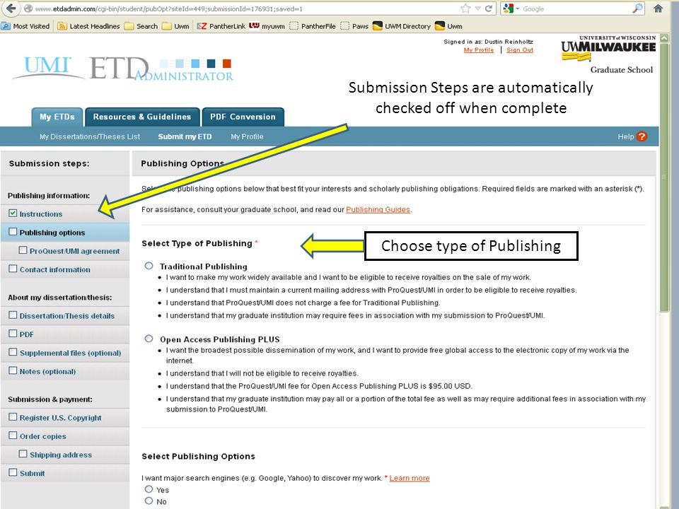 Submission Steps are automatically checked off when complete Choose type of Publishing