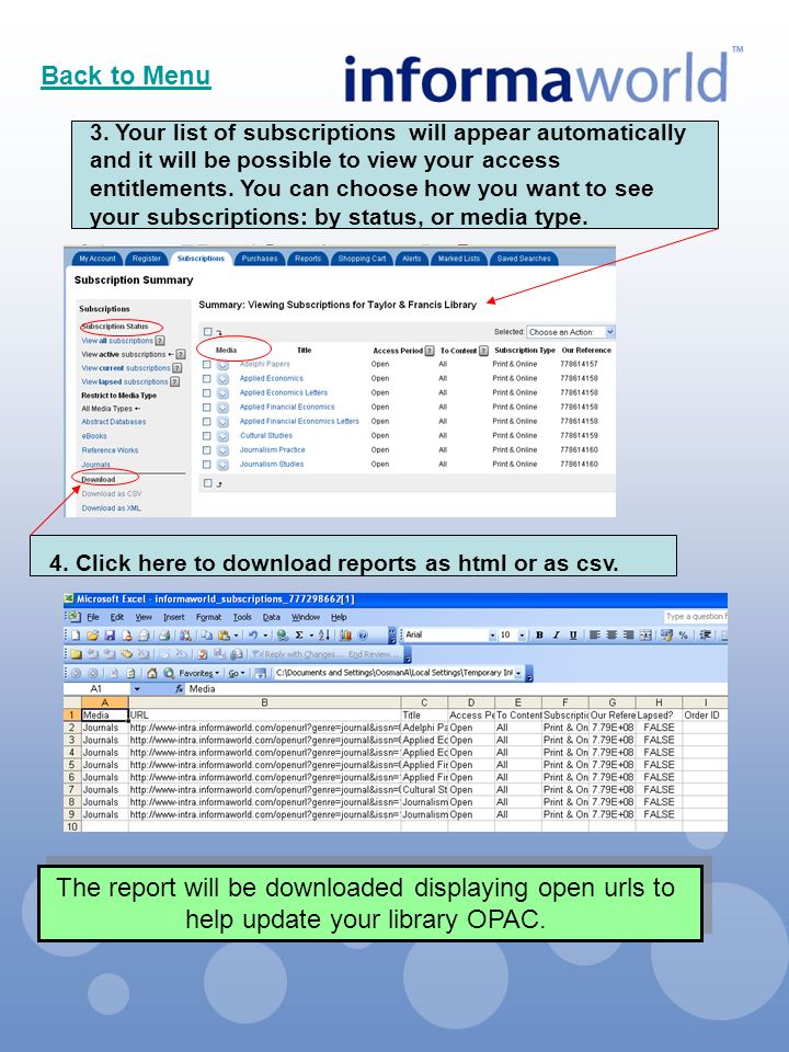The report will be downloaded displaying open urls to help update your library OPAC.