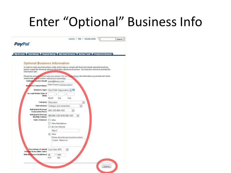 Enter Optional Business Info