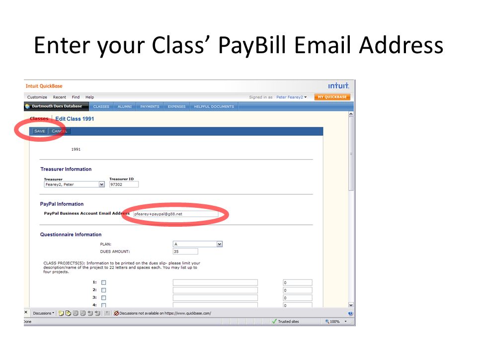 Enter your Class’ PayBill  Address