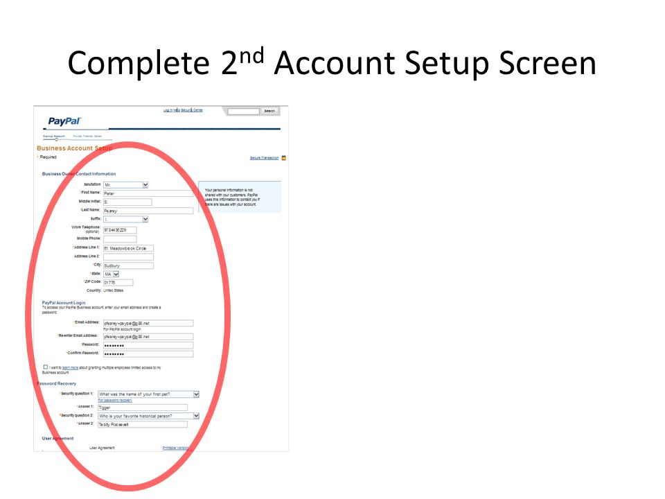 Complete 2 nd Account Setup Screen