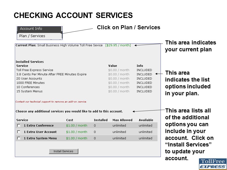 CHECKING ACCOUNT SERVICES Click on Plan / Services This area indicates your current plan This area indicates the list options included in your plan.