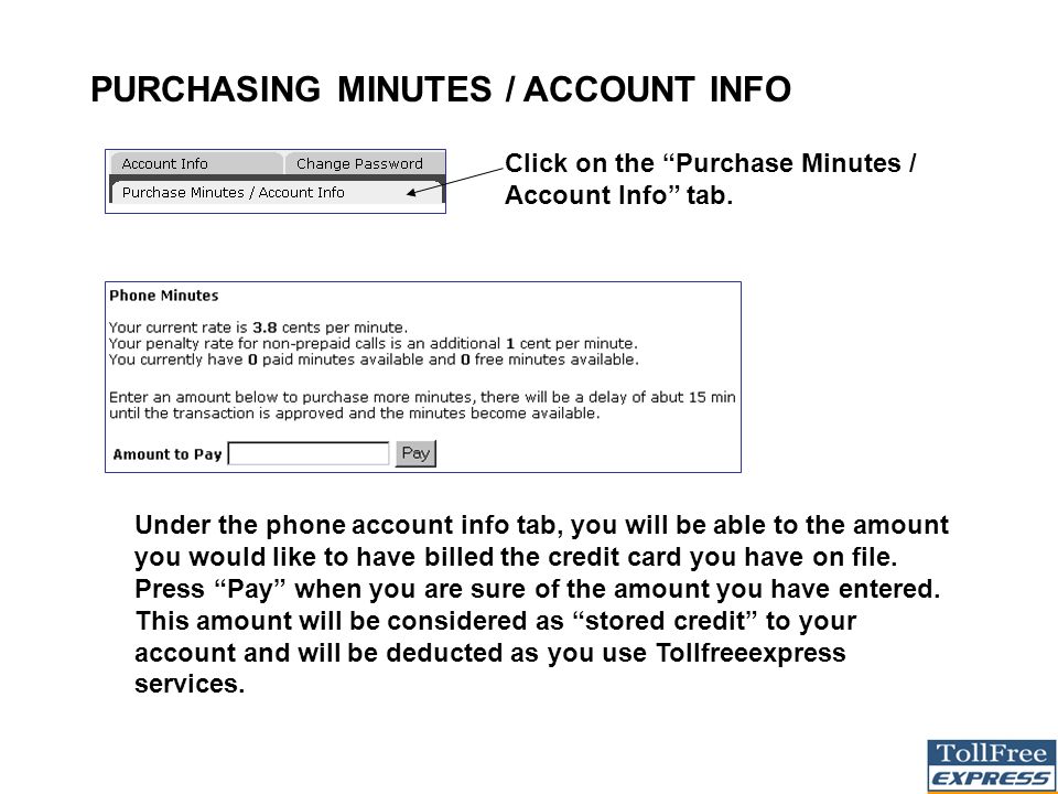 PURCHASING MINUTES / ACCOUNT INFO Click on the Purchase Minutes / Account Info tab.