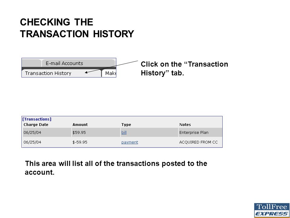 CHECKING THE TRANSACTION HISTORY Click on the Transaction History tab.