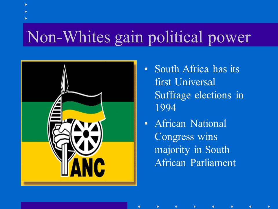 Non-Whites gain political power South Africa has its first Universal Suffrage elections in 1994 African National Congress wins majority in South African Parliament