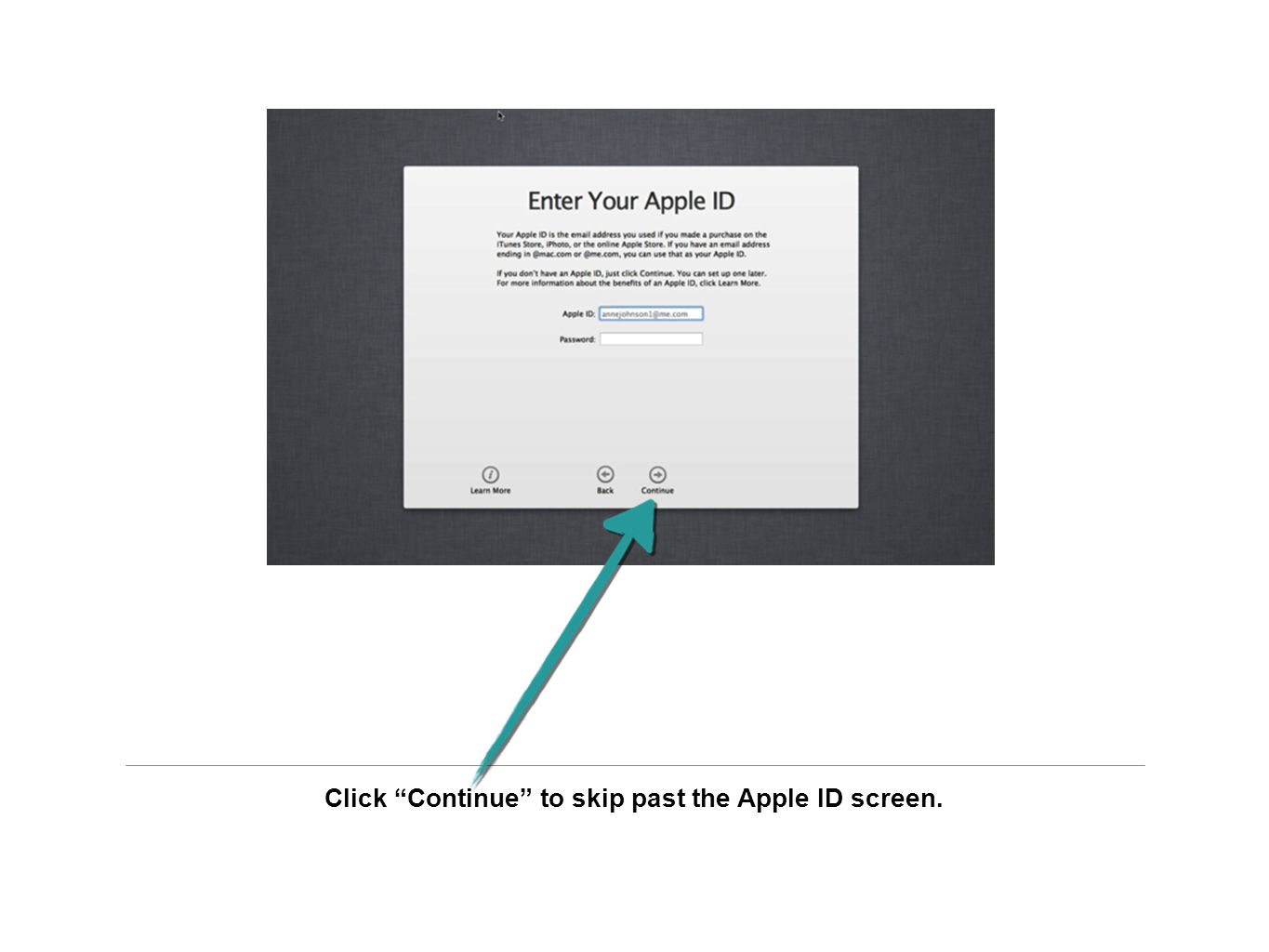 Click Continue to skip past the Apple ID screen.