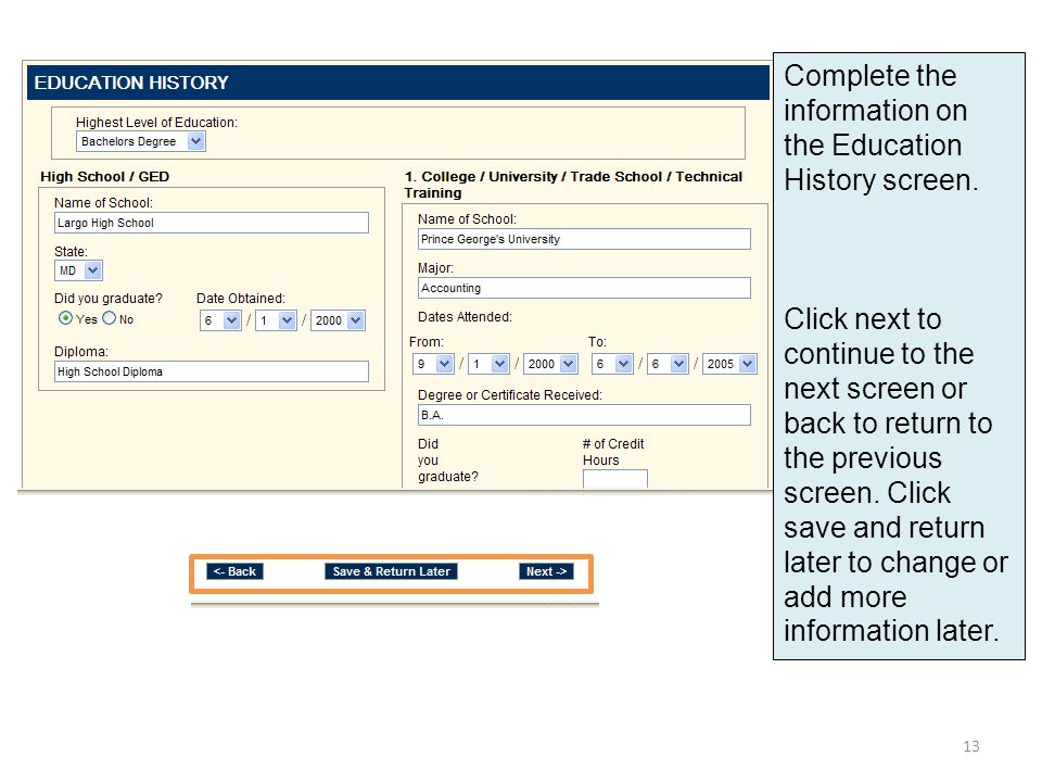 Complete the information on the Education History screen.