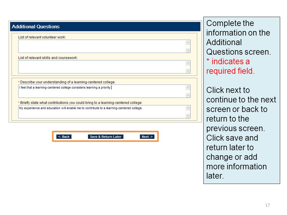 Complete the information on the Additional Questions screen.
