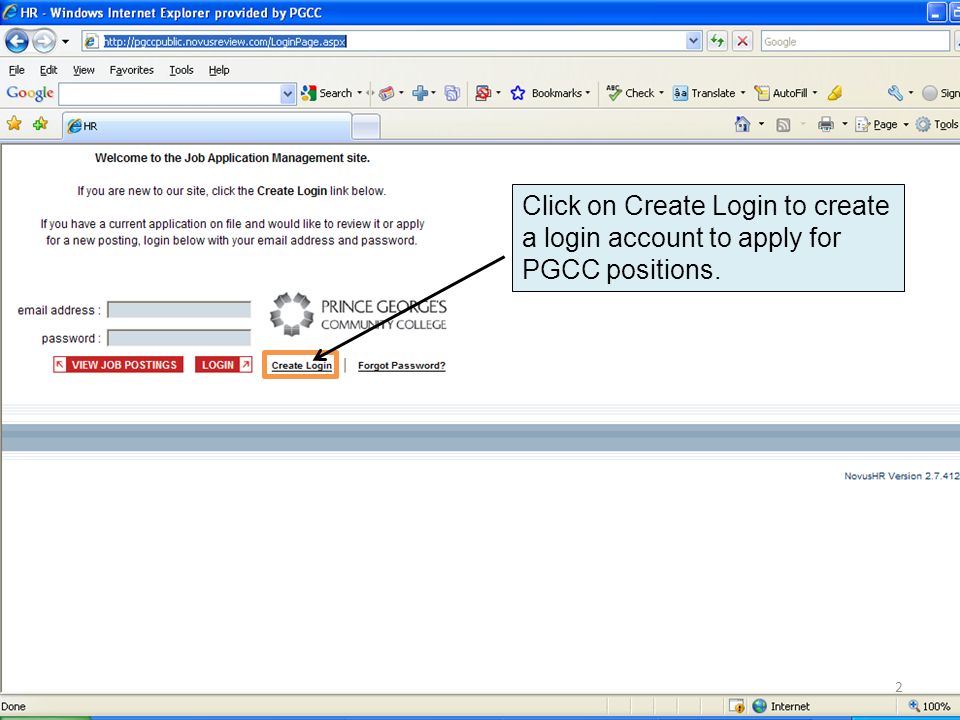 Click on Create Login to create a login account to apply for PGCC positions. 2