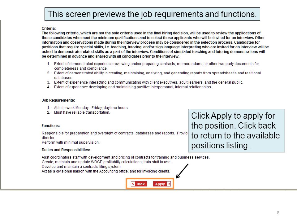 This screen previews the job requirements and functions.