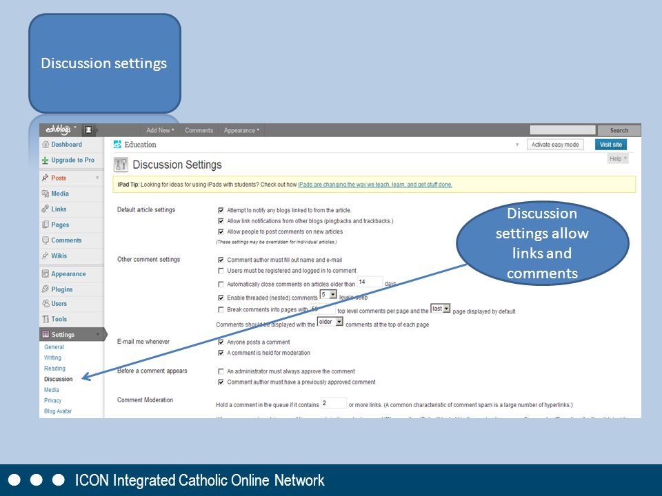       ICON Integrated Catholic Online Network Discussion settings allow links and comments