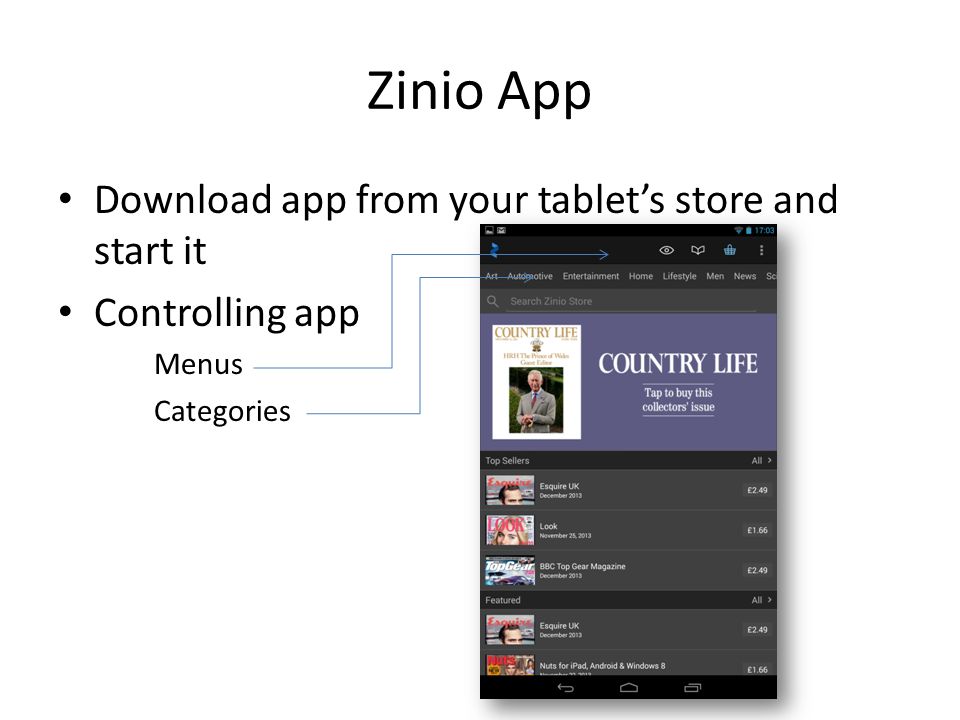 Zinio App Download app from your tablet’s store and start it Controlling app Menus Categories