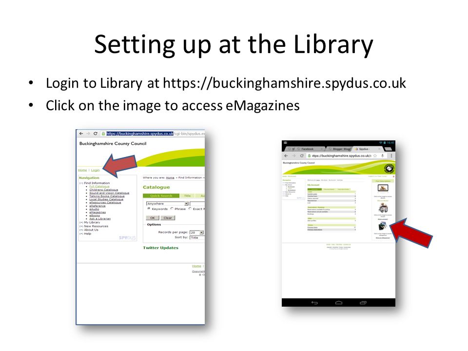 Setting up at the Library Login to Library at   Click on the image to access eMagazines