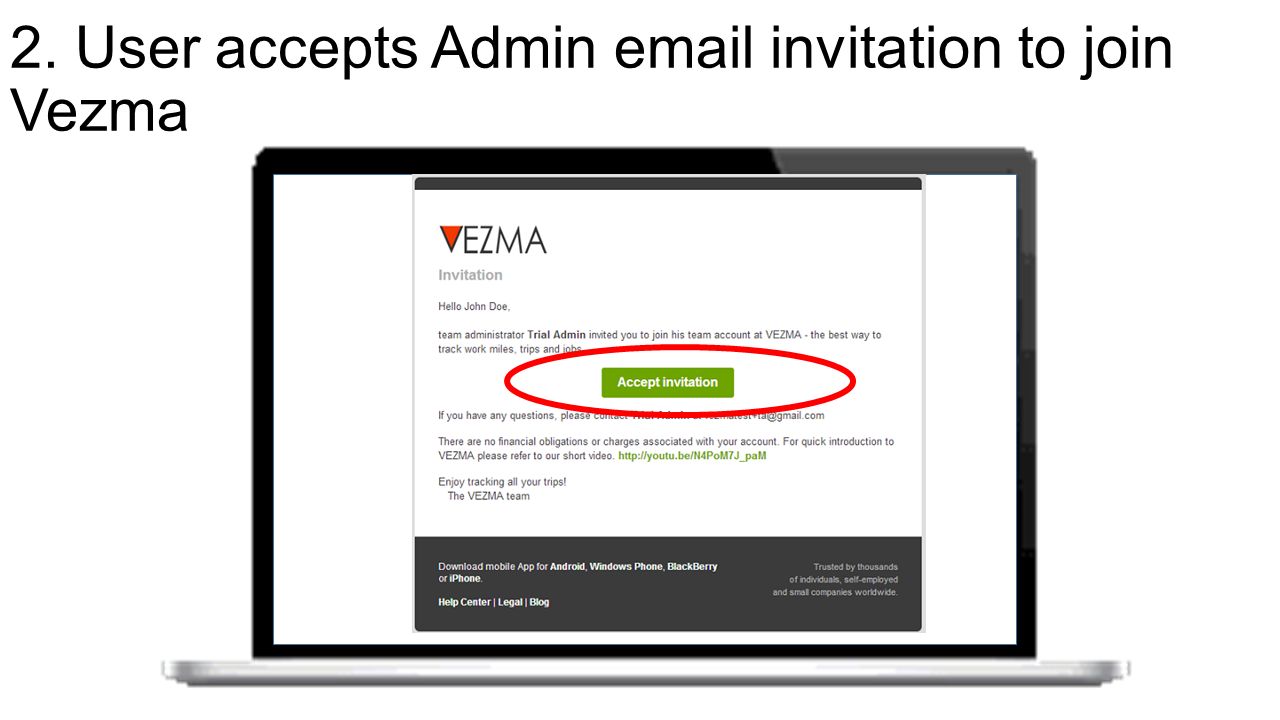 2. User accepts Admin  invitation to join Vezma