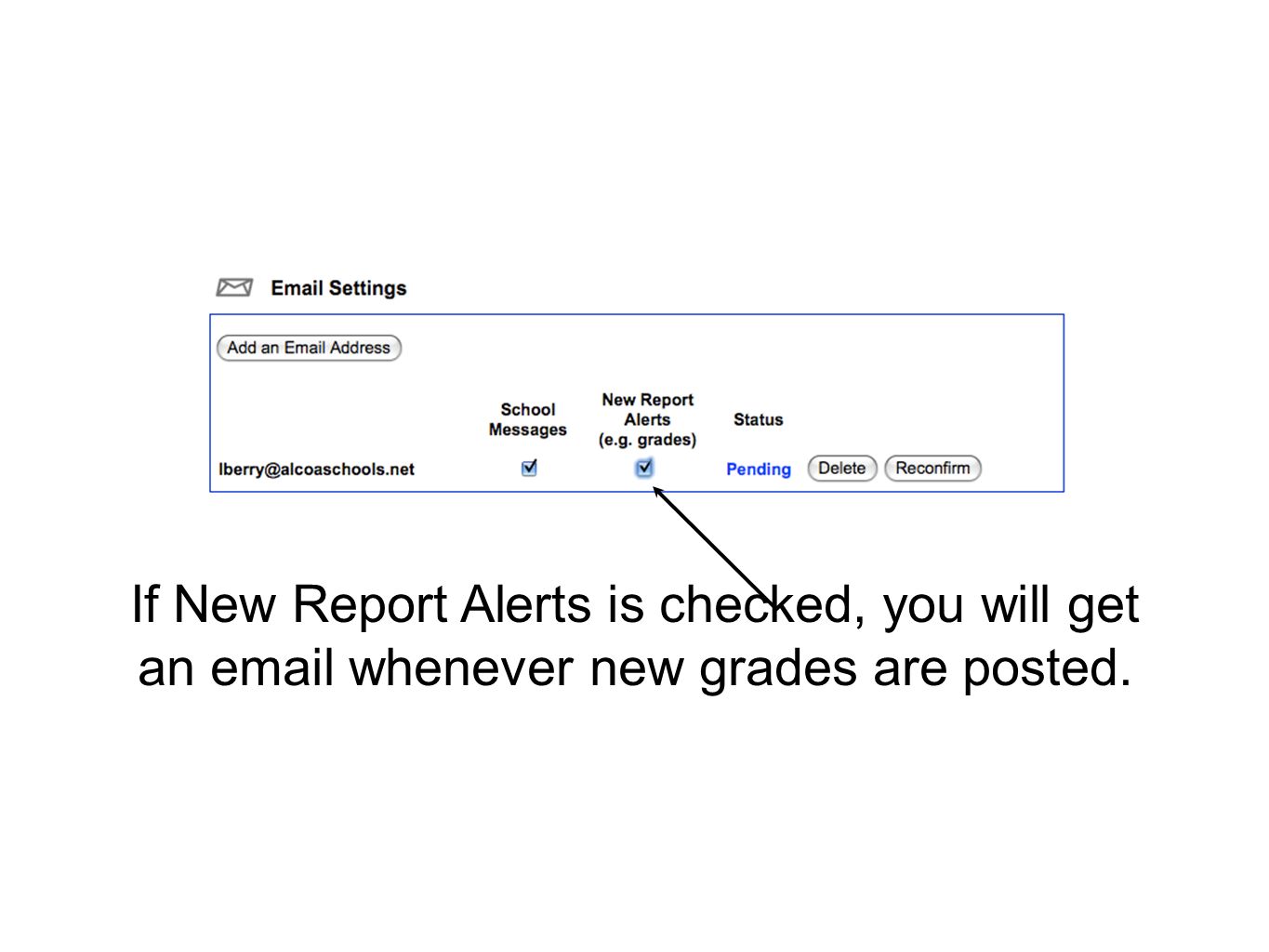 If New Report Alerts is checked, you will get an  whenever new grades are posted.