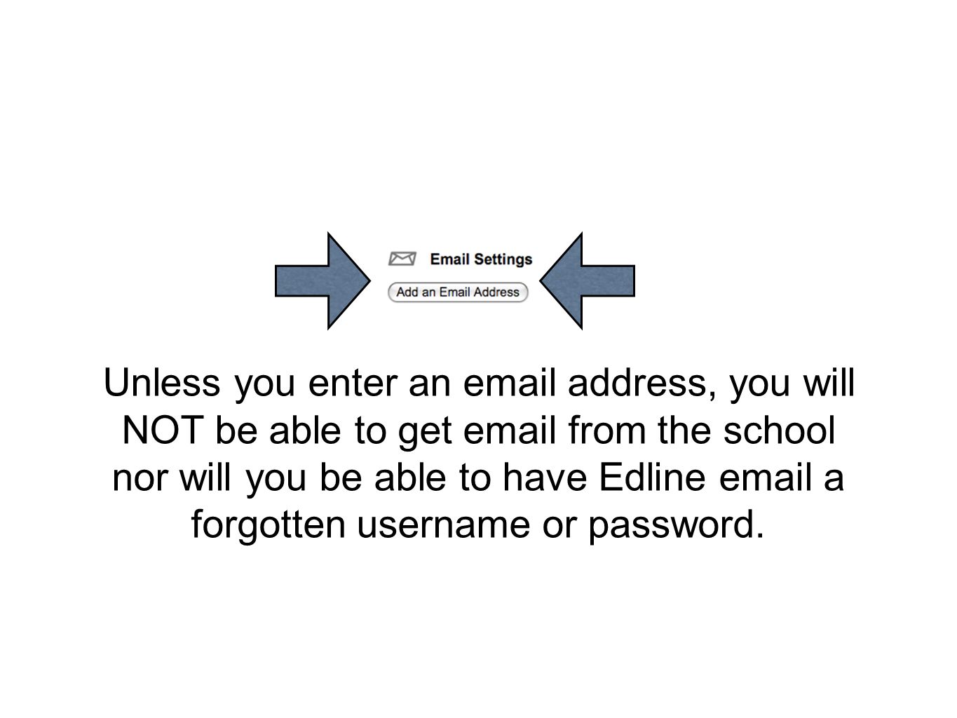 Unless you enter an  address, you will NOT be able to get  from the school nor will you be able to have Edline  a forgotten username or password.