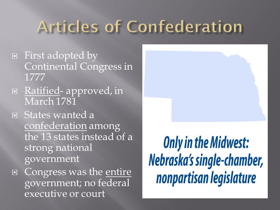  First adopted by Continental Congress in 1777  Ratified- approved, in March 1781  States wanted a confederation among the 13 states instead of a strong national government  Congress was the entire government; no federal executive or court