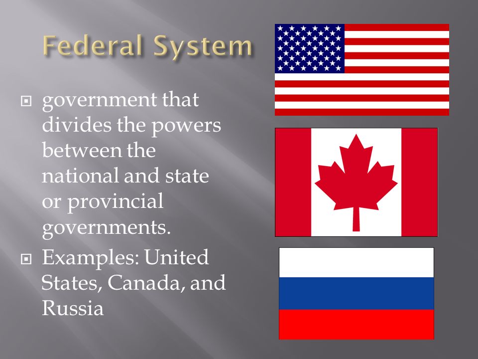  government that divides the powers between the national and state or provincial governments.