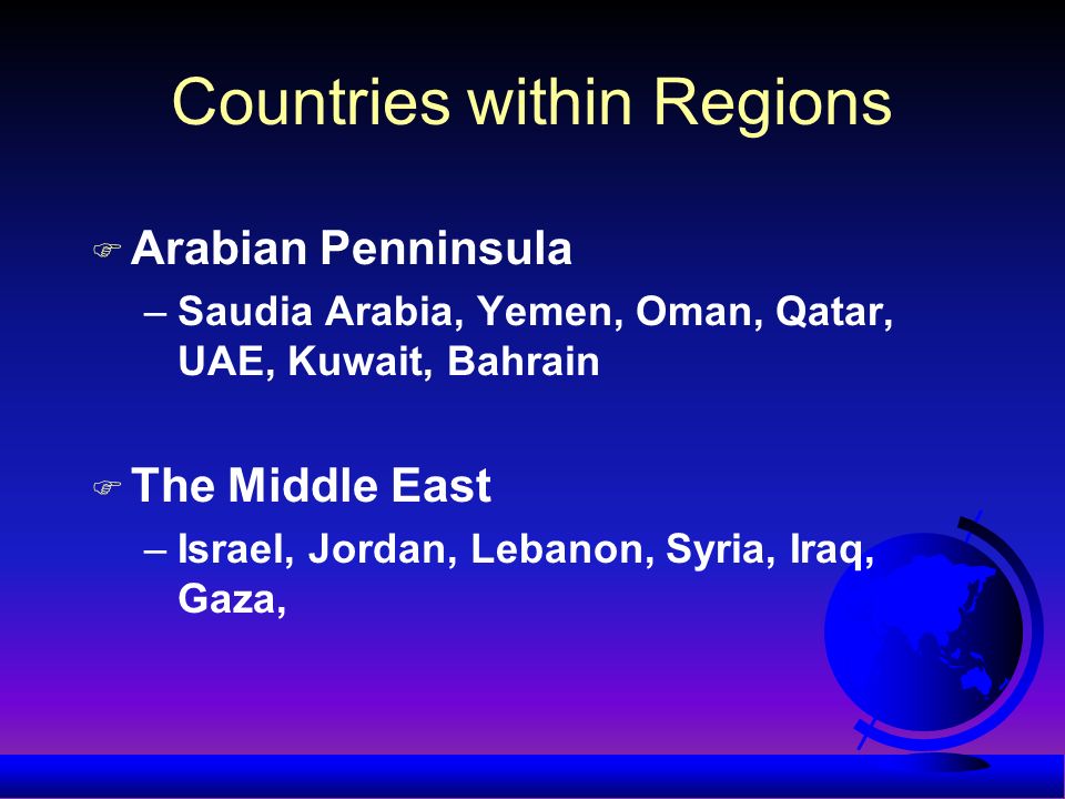 Countries within Regions F Arabian Penninsula –Saudia Arabia, Yemen, Oman, Qatar, UAE, Kuwait, Bahrain F The Middle East –Israel, Jordan, Lebanon, Syria, Iraq, Gaza,