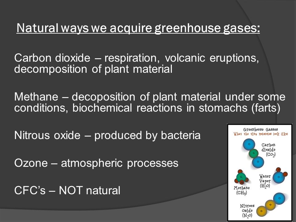Natural ways we acquire greenhouse gases: Carbon dioxide – respiration, volcanic eruptions, decomposition of plant material Methane – decoposition of plant material under some conditions, biochemical reactions in stomachs (farts) Nitrous oxide – produced by bacteria Ozone – atmospheric processes CFC’s – NOT natural