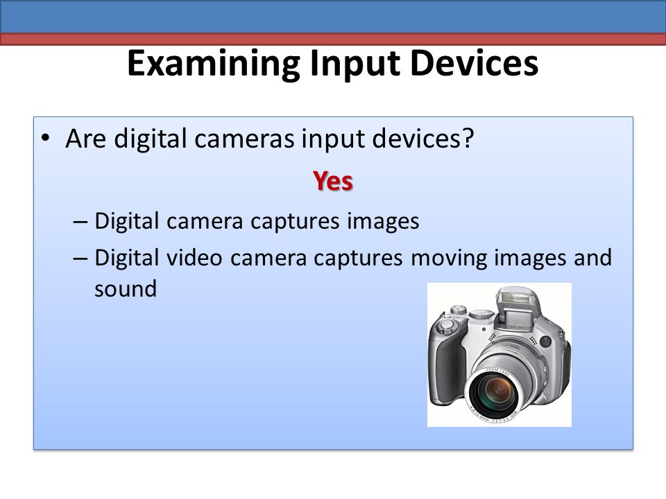 Examining Input Devices Are digital cameras input devices Yes – Digital camera captures images – Digital video camera captures moving images and sound