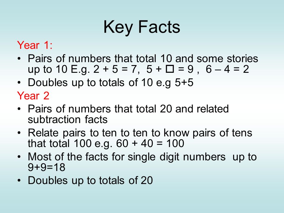 Key Facts Year 1: Pairs of numbers that total 10 and some stories up to 10 E.g.