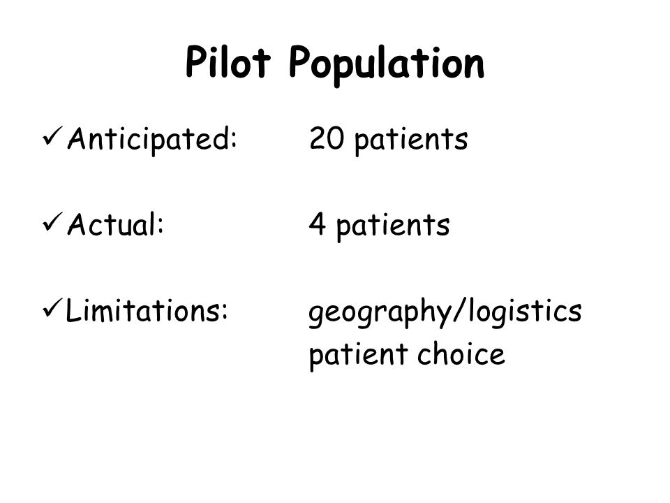 Pilot Population Anticipated: 20 patients Actual: 4 patients Limitations: geography/logistics patient choice