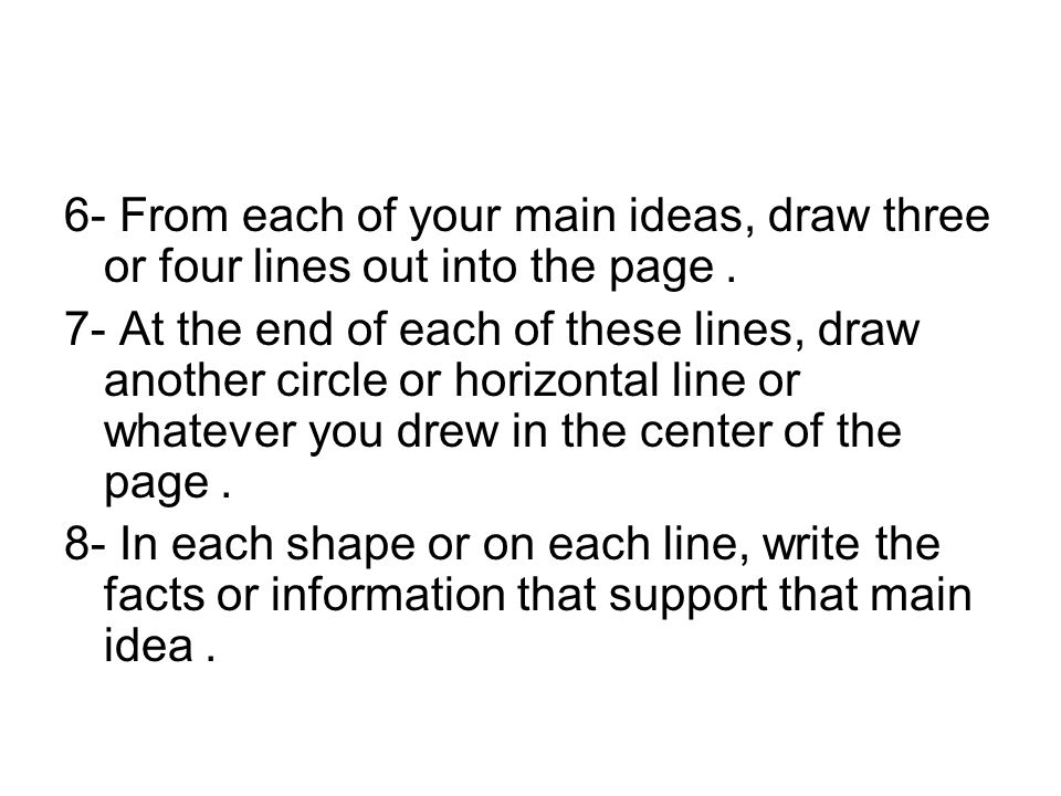 6- From each of your main ideas, draw three or four lines out into the page.