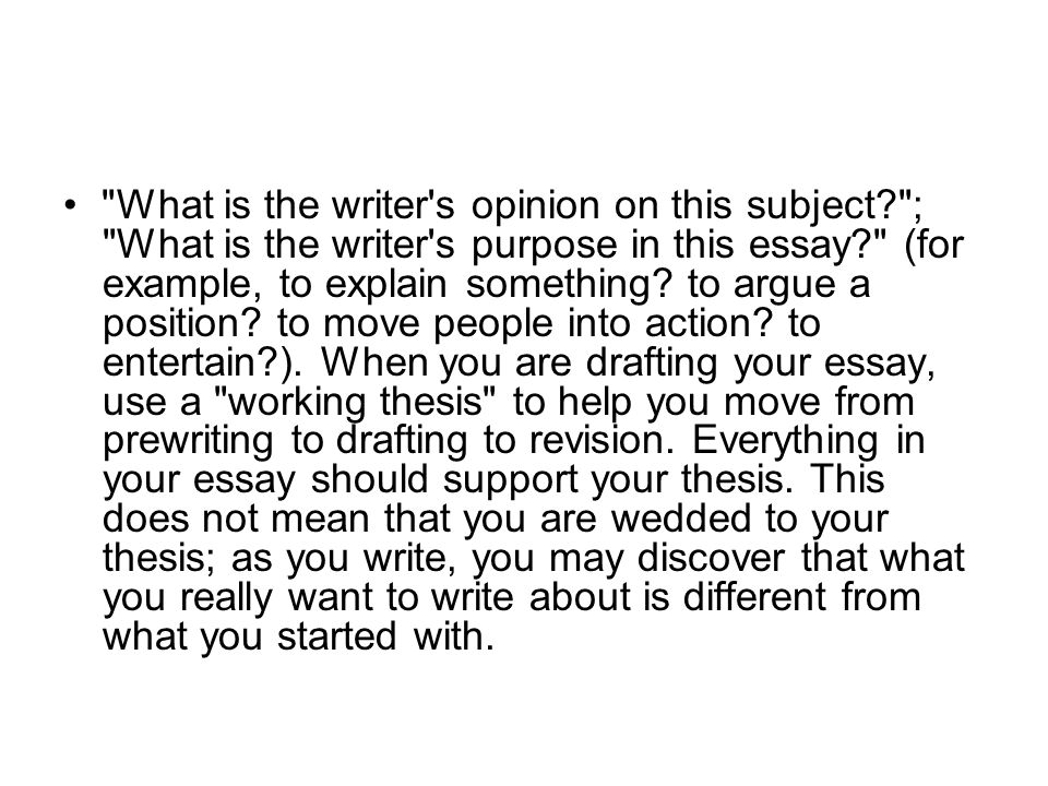 What is the writer s opinion on this subject ; What is the writer s purpose in this essay (for example, to explain something.