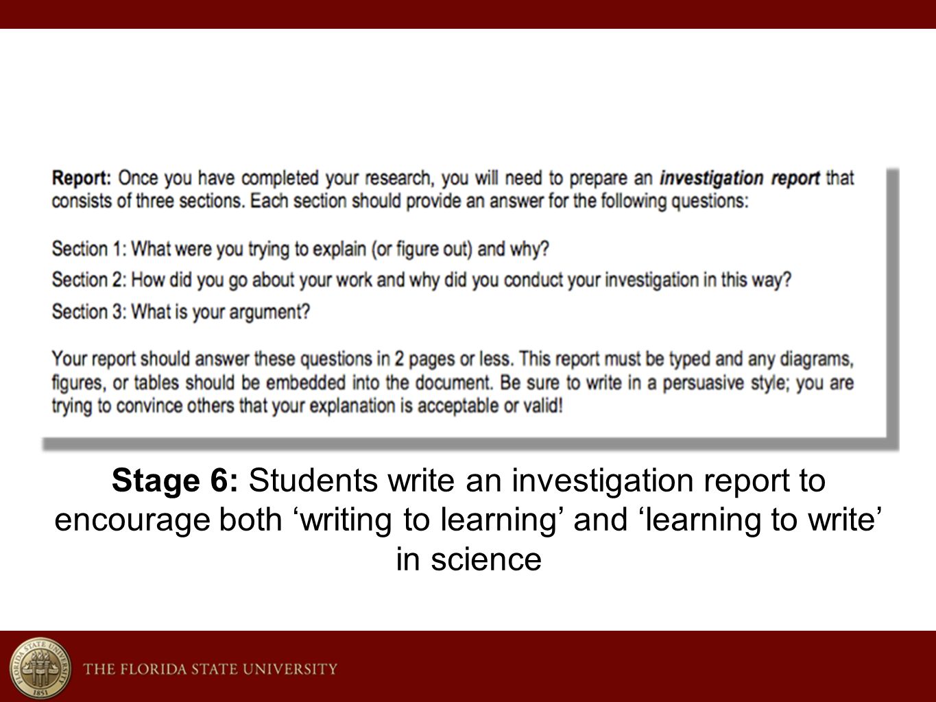 Stage 6: Students write an investigation report to encourage both ‘writing to learning’ and ‘learning to write’ in science