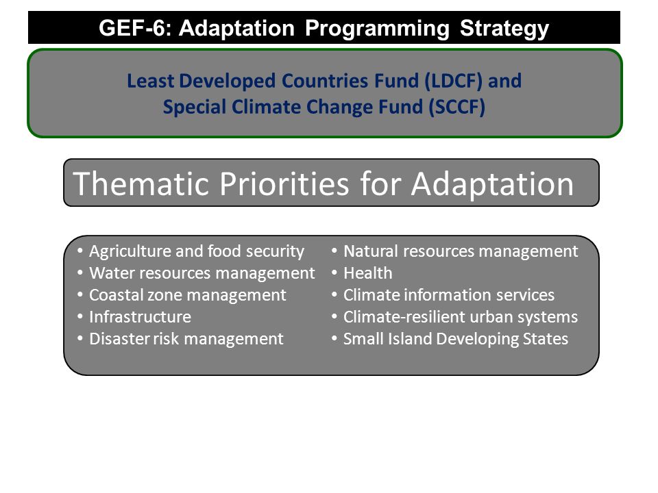 GEF-6: Adaptation Programming Strategy Least Developed Countries Fund (LDCF) and Special Climate Change Fund (SCCF) Agriculture and food security Water resources management Coastal zone management Infrastructure Disaster risk management Natural resources management Health Climate information services Climate-resilient urban systems Small Island Developing States Thematic Priorities for Adaptation
