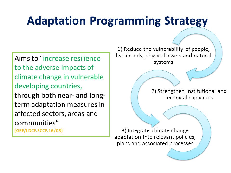 Adaptation Programming Strategy Aims to increase resilience to the adverse impacts of climate change in vulnerable developing countries, through both near- and long- term adaptation measures in affected sectors, areas and communities (GEF/LDCF.SCCF.16/03) 1) Reduce the vulnerability of people, livelihoods, physical assets and natural systems 2) Strengthen institutional and technical capacities 3) Integrate climate change adaptation into relevant policies, plans and associated processes