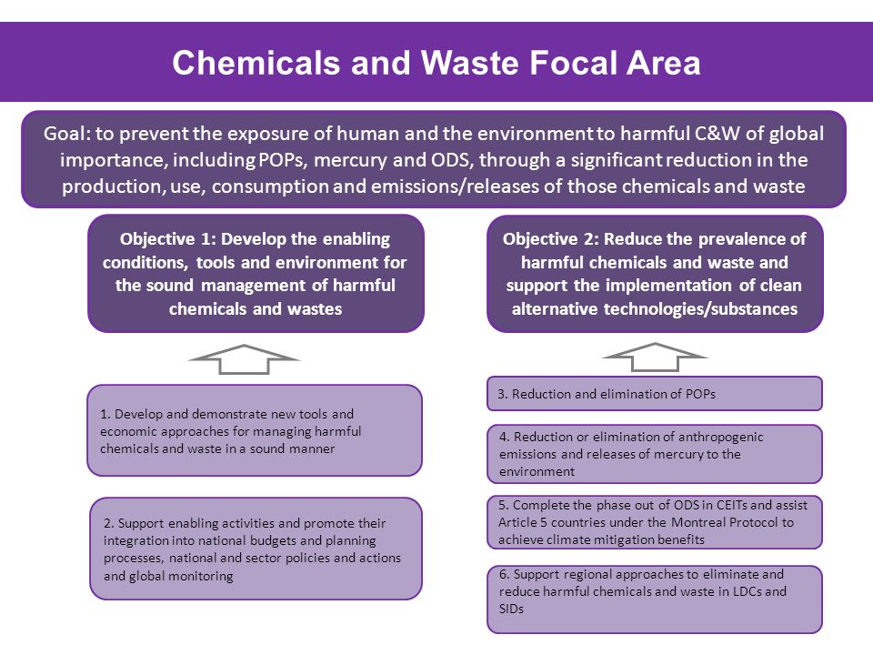 Chemicals and Waste Focal Area Goal: to prevent the exposure of human and the environment to harmful C&W of global importance, including POPs, mercury and ODS, through a significant reduction in the production, use, consumption and emissions/releases of those chemicals and waste Objective 1: Develop the enabling conditions, tools and environment for the sound management of harmful chemicals and wastes Objective 2: Reduce the prevalence of harmful chemicals and waste and support the implementation of clean alternative technologies/substances 1.