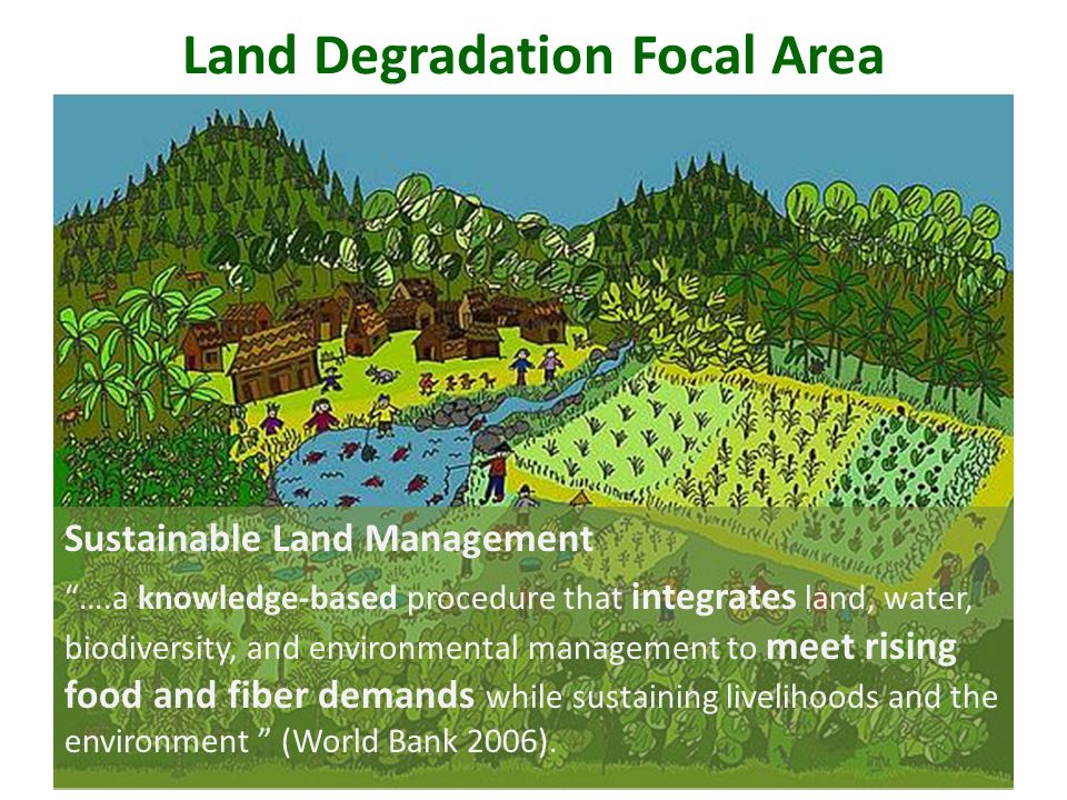 Land Degradation Focal Area Sustainable Land Management ….a knowledge-based procedure that integrates land, water, biodiversity, and environmental management to meet rising food and fiber demands while sustaining livelihoods and the environment (World Bank 2006).