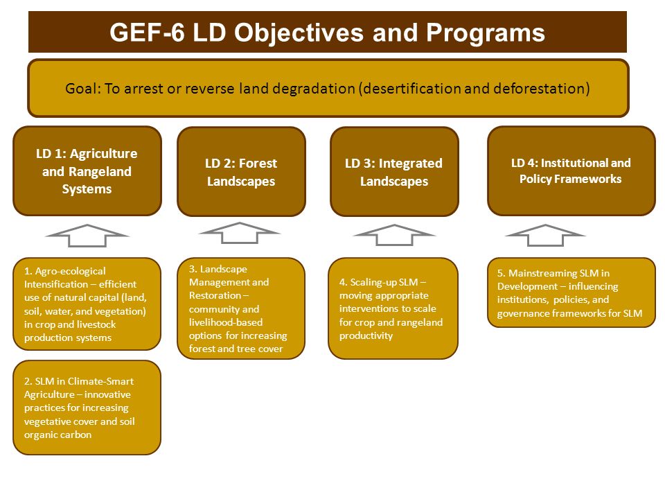 GEF-6 LD Objectives and Programs Goal: To arrest or reverse land degradation (desertification and deforestation) LD 1: Agriculture and Rangeland Systems LD 2: Forest Landscapes LD 4: Institutional and Policy Frameworks 1.