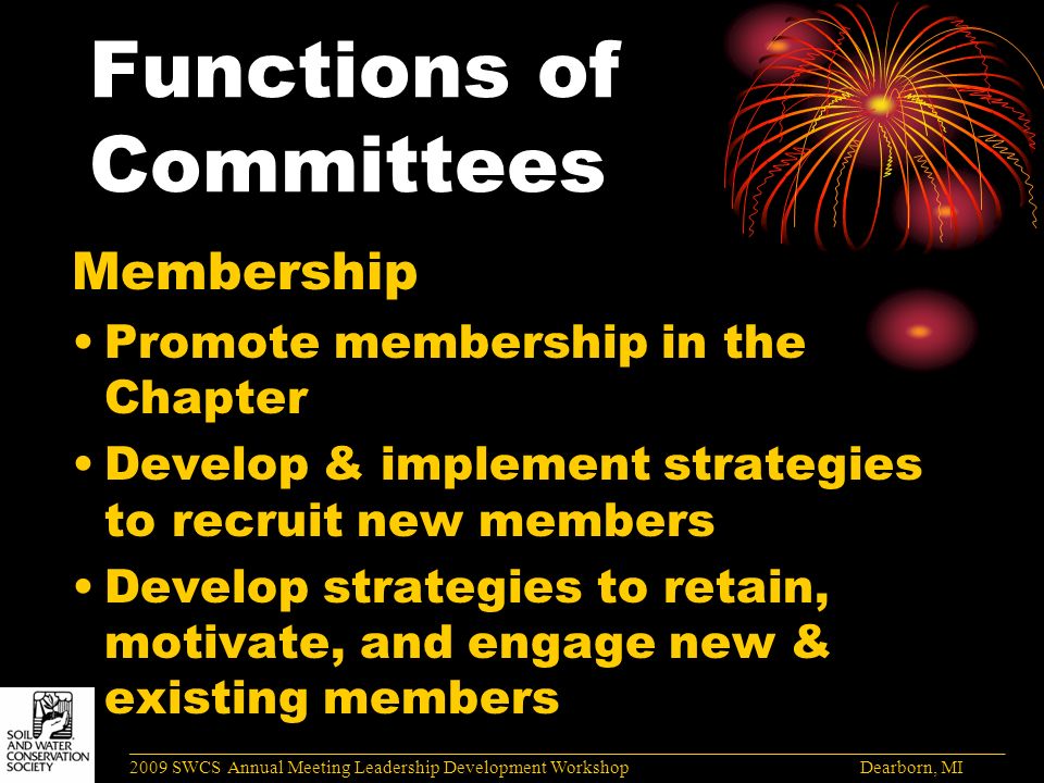 Functions of Committees Membership Promote membership in the Chapter Develop & implement strategies to recruit new members Develop strategies to retain, motivate, and engage new & existing members ______________________________________________________________________________________ 2009 SWCS Annual Meeting Leadership Development Workshop Dearborn, MI