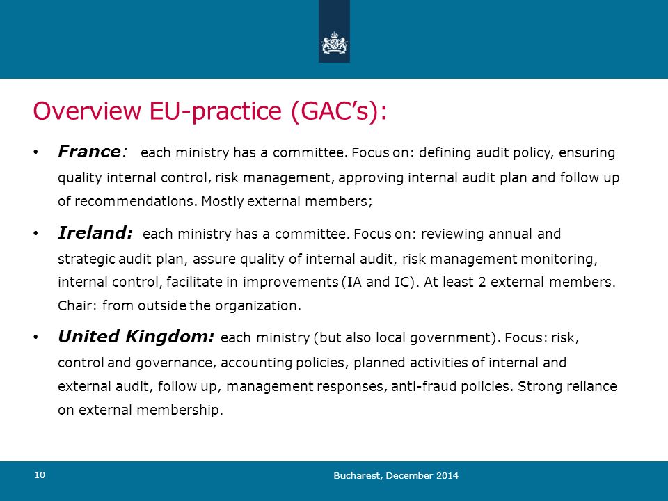 Overview EU-practice (GAC’s): Bucharest, December France: each ministry has a committee.