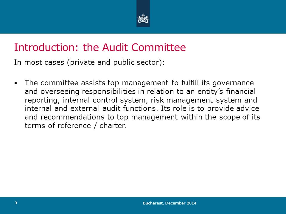 Introduction: the Audit Committee Bucharest, December In most cases (private and public sector):  The committee assists top management to fulfill its governance and overseeing responsibilities in relation to an entity’s financial reporting, internal control system, risk management system and internal and external audit functions.